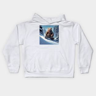 Teddy on a sledge riding down a hill in the snow Kids Hoodie